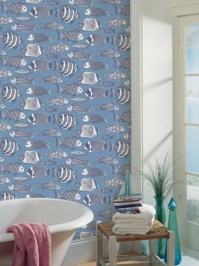 Wailea Sky Blue Tropical School Coastal Wallpaper with Fish Motif - A-Street Prints 2927-80212