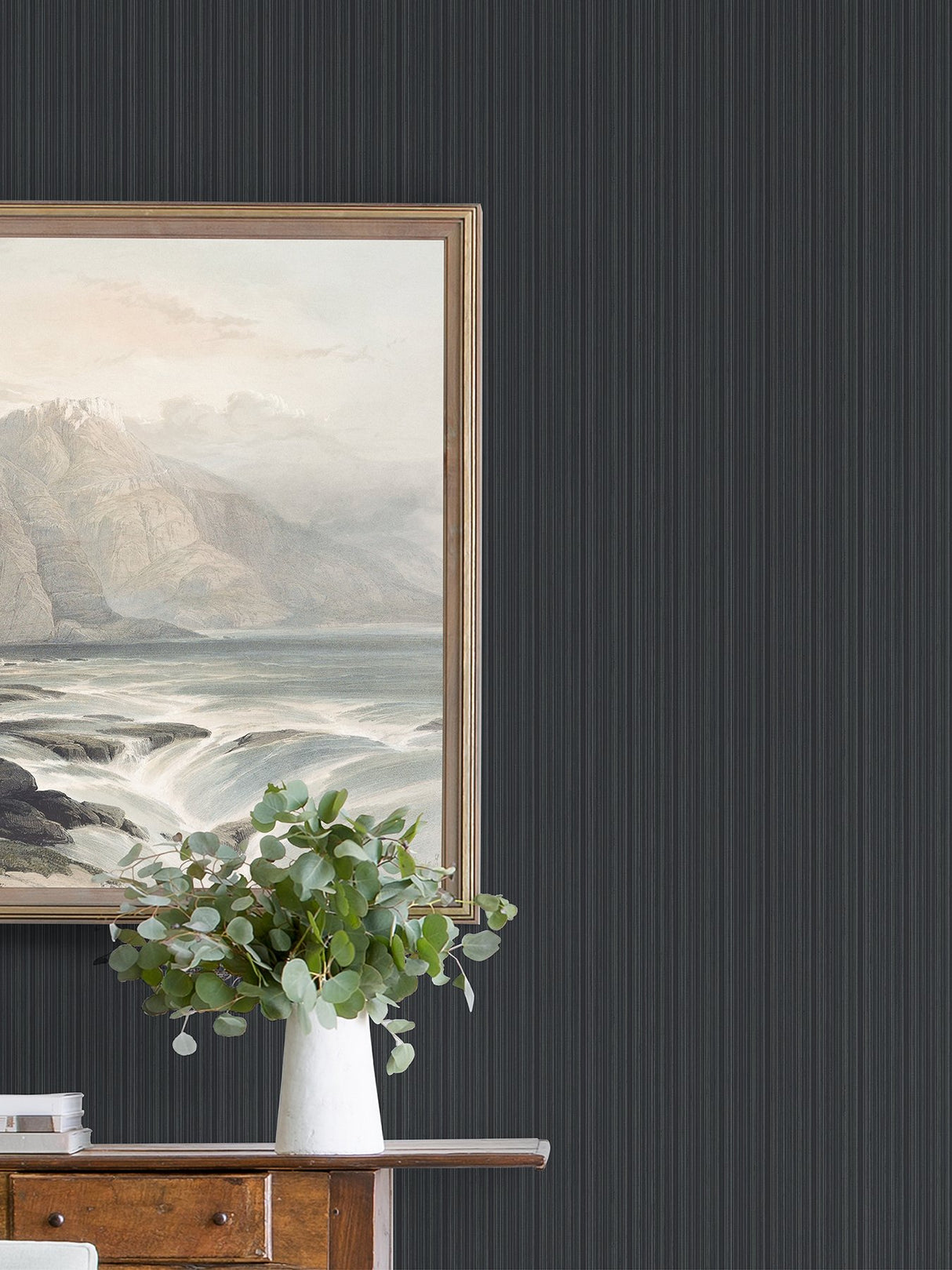 Sebasco Black Vertical Pinstripe Wallpaper with Farmhouse Stripes - A-Street Prints 2927-80300
