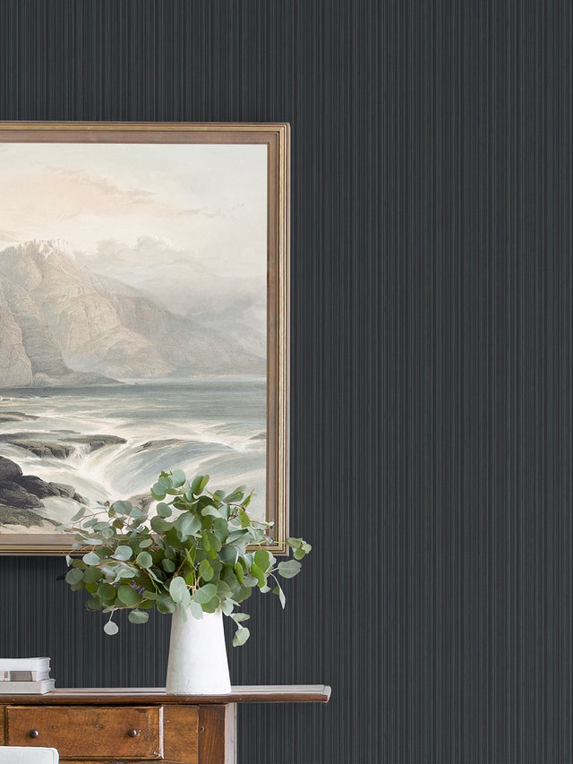 Sebasco Black Vertical Pinstripe Wallpaper with Farmhouse Stripes - A-Street Prints 2927-80300