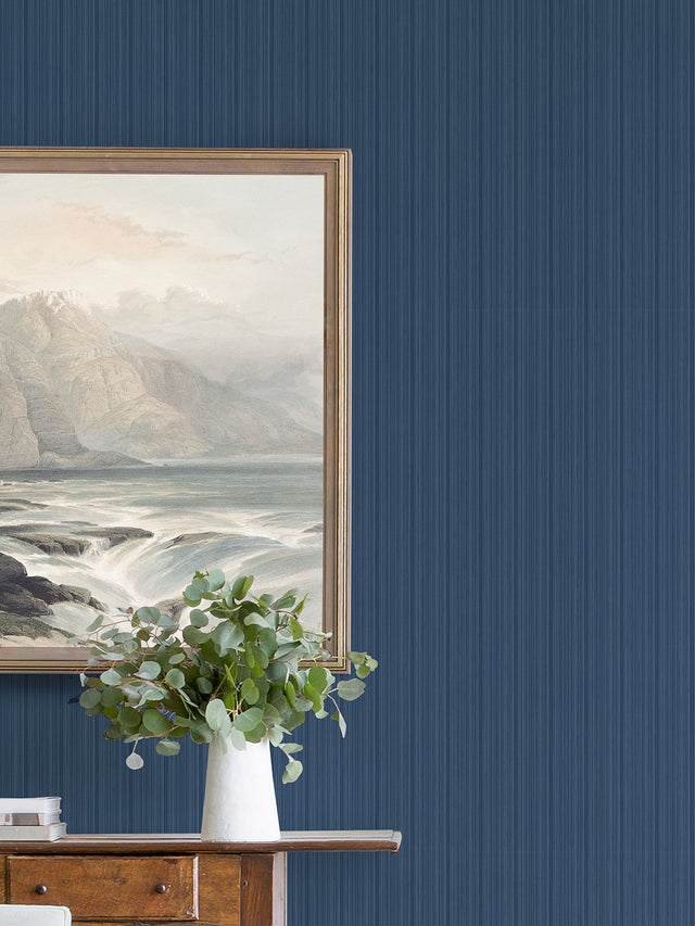 Sebasco Denim Vertical Pinstripe Wallpaper with Farmhouse Stripes Pattern - Brewster 2927-80302