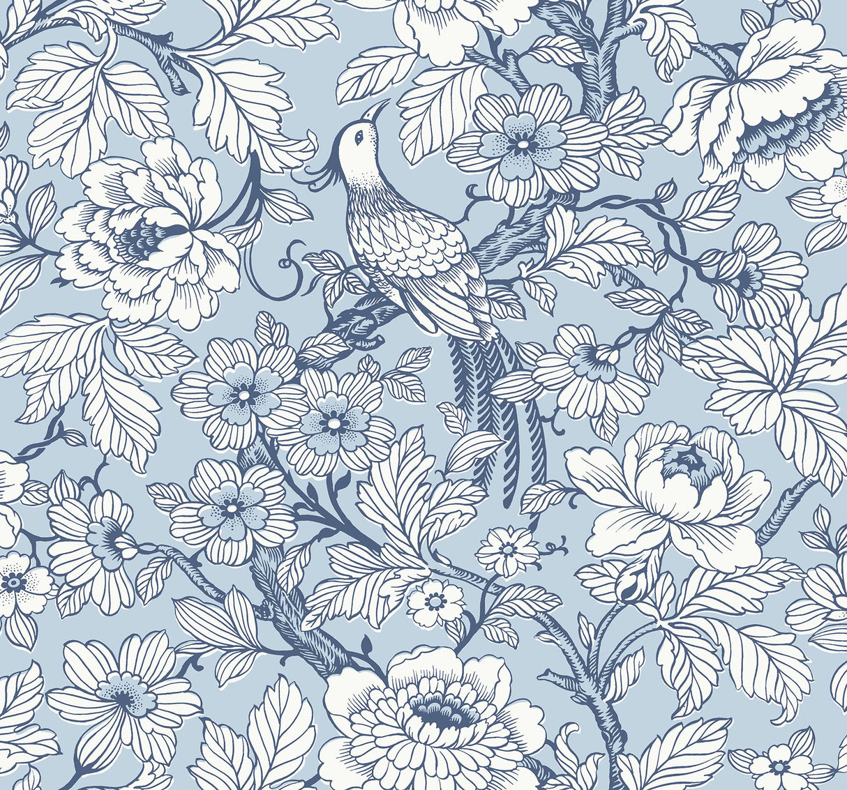 Beaufort Light Blue Peony Chinoiserie Wallpaper with Bird and Floral Motif - A-Street Prints 2927-80402