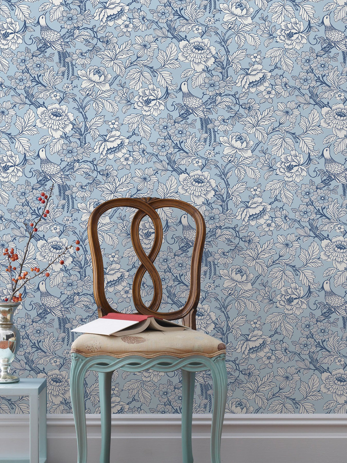 Beaufort Light Blue Peony Chinoiserie Wallpaper with Bird and Floral Motif - A-Street Prints 2927-80402