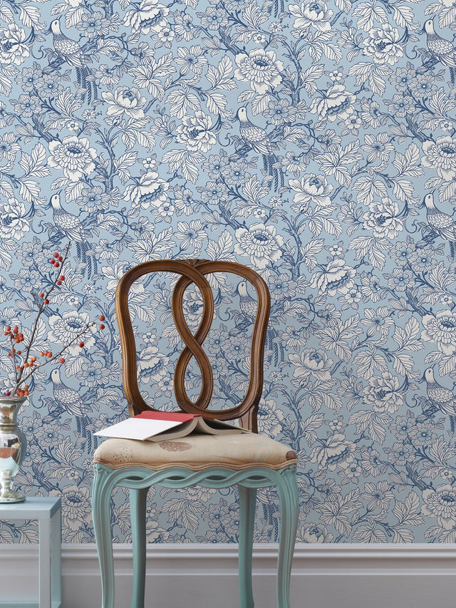 Beaufort Light Blue Peony Chinoiserie Wallpaper with Bird and Floral Motif - A-Street Prints 2927-80402