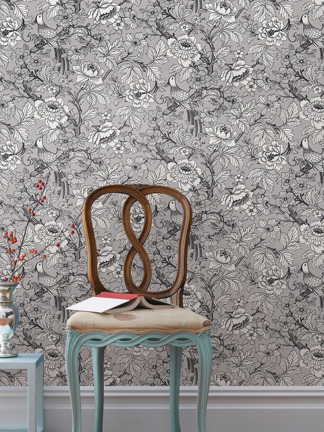 Beaufort Silver Peony Chinoiserie Wallpaper with Glam Bird and Floral Pattern - A?Street Prints 2927-80407