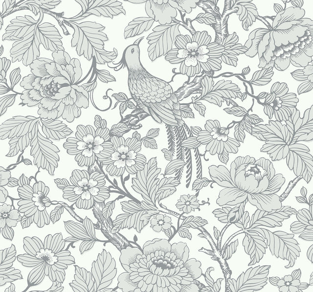 Beaufort Light Grey Peony Chinoiserie Wallpaper with Glam Floral Bird Pattern - A-Street Prints 2927-80408