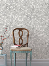 Beaufort Light Grey Peony Chinoiserie Wallpaper with Glam Floral Bird Pattern - A-Street Prints 2927-80408