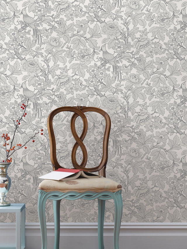 Beaufort Light Grey Peony Chinoiserie Wallpaper with Glam Floral Bird Pattern - A-Street Prints 2927-80408