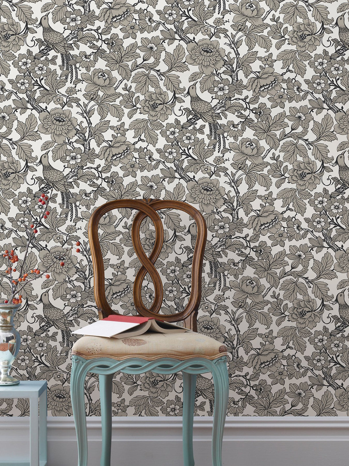 Beaufort Black Peony Chinoiserie Wallpaper with Glam Bird & Floral Pattern - A?Street Prints 2927-80410
