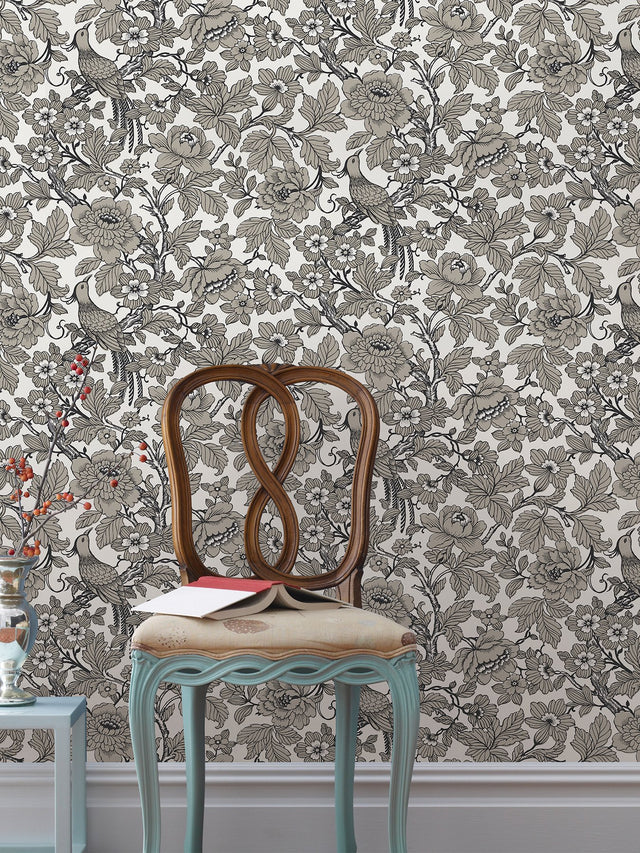 Beaufort Black Peony Chinoiserie Wallpaper with Glam Bird & Floral Pattern - A?Street Prints 2927-80410