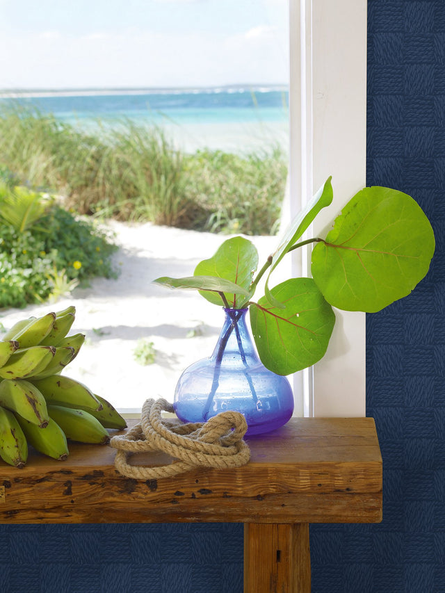 Calabash Navy Rope Basketweave Wallpaper with Coastal Fabric & Woven Texture - Brewster 2927-80802