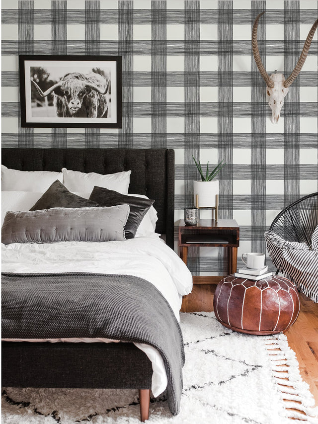 Scarborough Black Striated Plaid Wallpaper with Coastal Fabric & Woven Texture Pattern - A-Street Prints 2927-80900