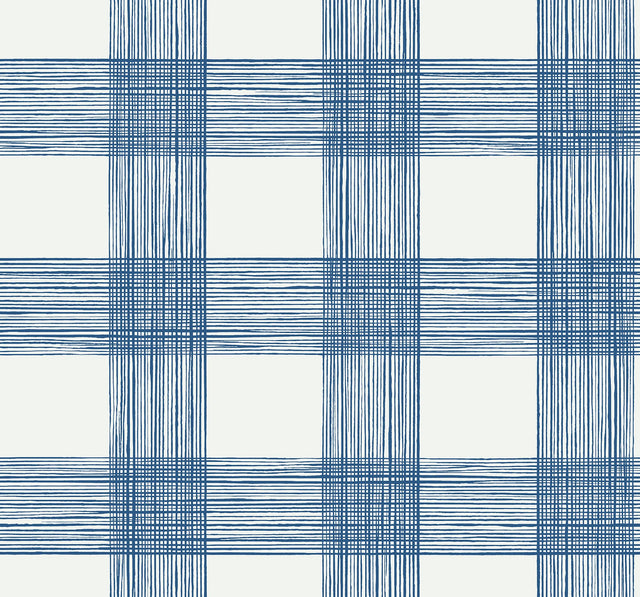 Scarborough Indigo Striated Plaid Wallpaper with Coastal Graphic Fabric Texture - Brewster 2927-80902