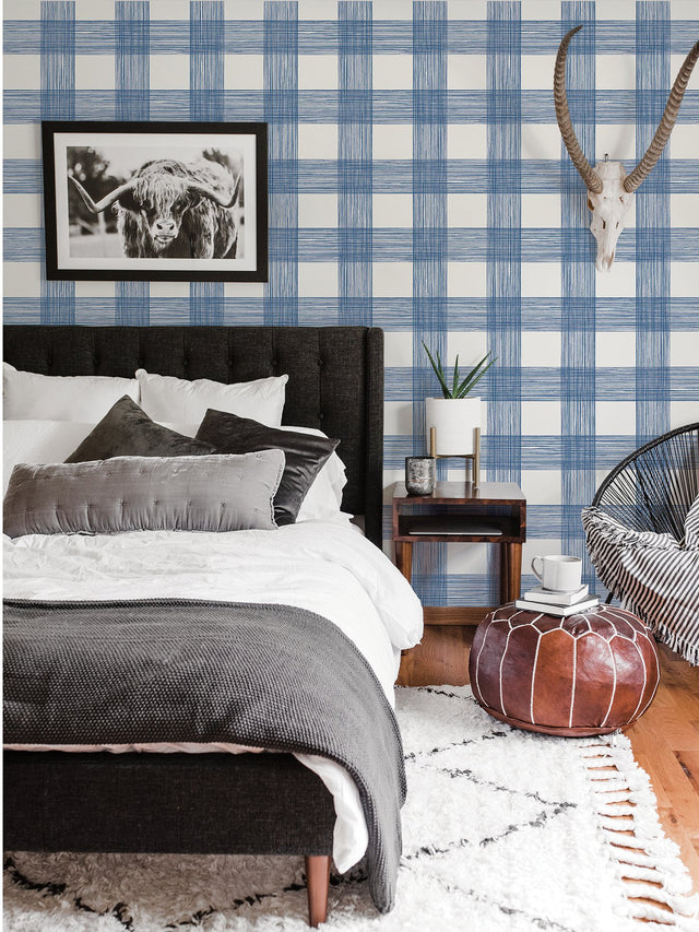 Scarborough Indigo Striated Plaid Wallpaper with Coastal Graphic Fabric Texture - Brewster 2927-80902