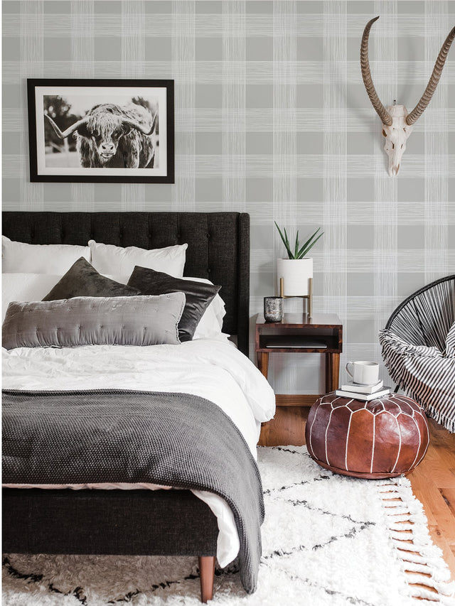 Scarborough Grey Striated Plaid Wallpaper with Fabric & Woven Textures Pattern - A-Street Prints 2927-80908
