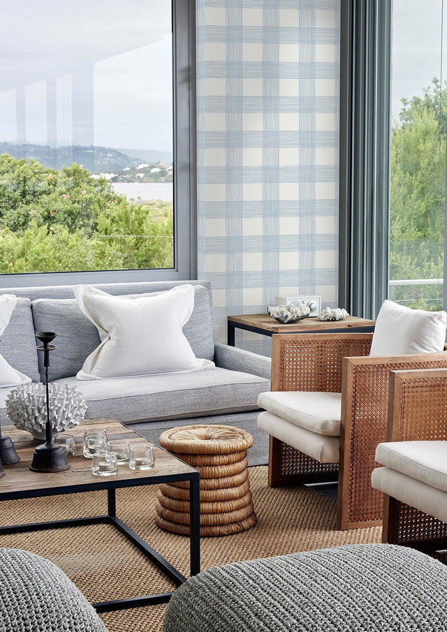 Scarborough Light Blue Striated Plaid Wallpaper with Coastal Fabric & Woven Texture - A-Street Prints 2927-80912