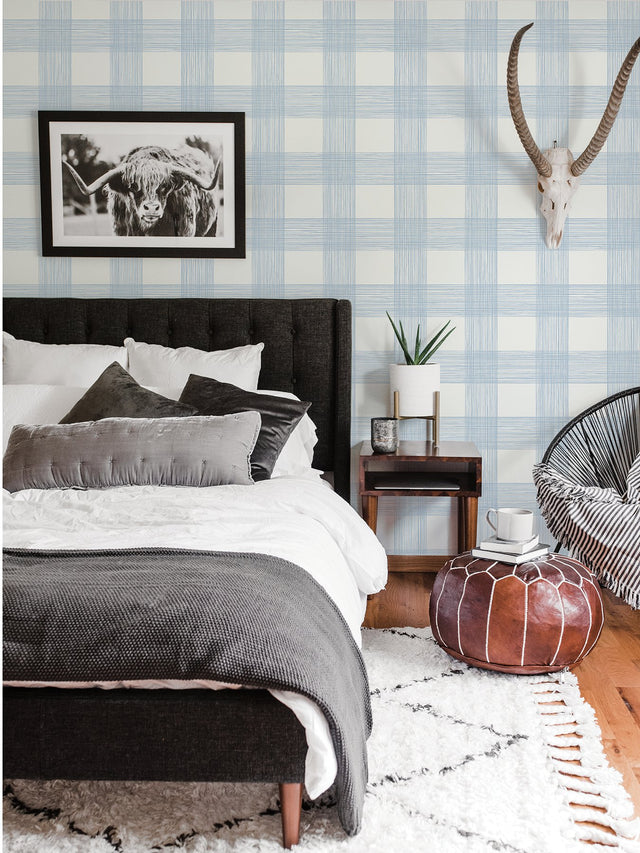 Scarborough Light Blue Striated Plaid Wallpaper with Coastal Fabric & Woven Texture - A-Street Prints 2927-80912