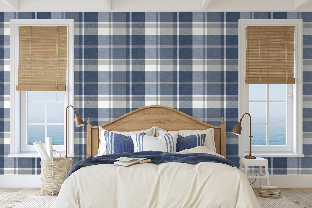 Madaket Indigo Plaid Wallpaper with Fabric & Woven Texture - A-Street Prints 2927-81102