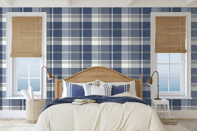 Madaket Indigo Plaid Wallpaper with Fabric & Woven Texture - A-Street Prints 2927-81102