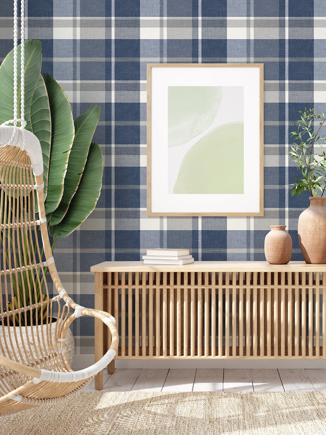 Madaket Indigo Plaid Wallpaper with Fabric & Woven Texture - A-Street Prints 2927-81102