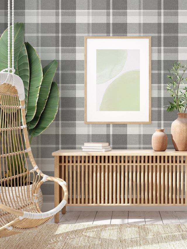 Madaket Dark Grey Plaid Wallpaper with Fabric & Woven Textures Pattern - A-Street Prints 2927-81108