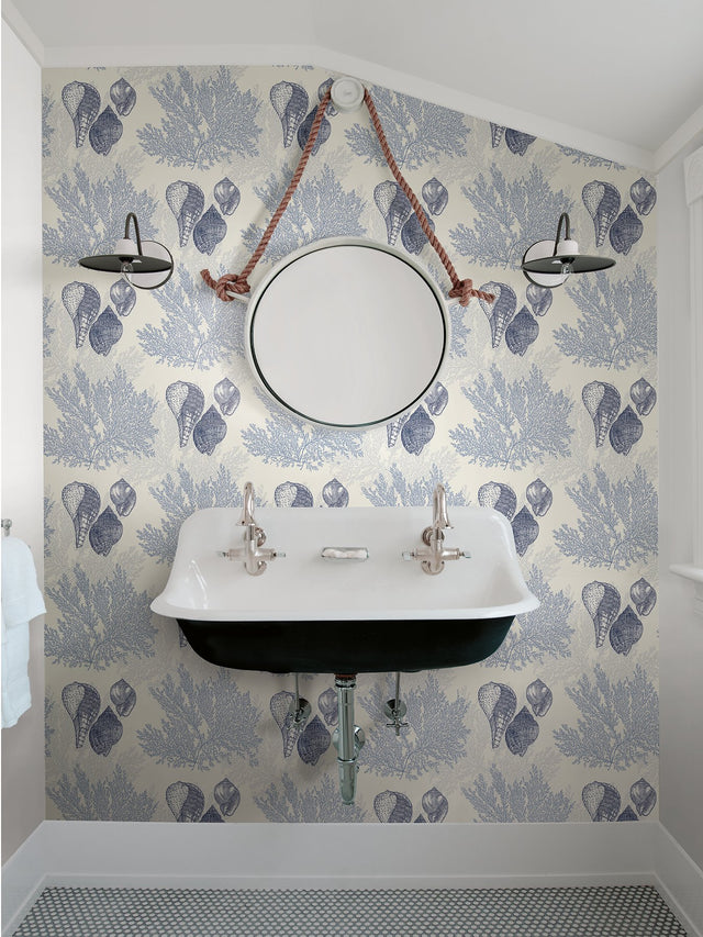 Nauset Blue Seashell Shores Wallpaper with Coastal Novelty Shell & Coral Motif - A-Street Prints 2927-81202