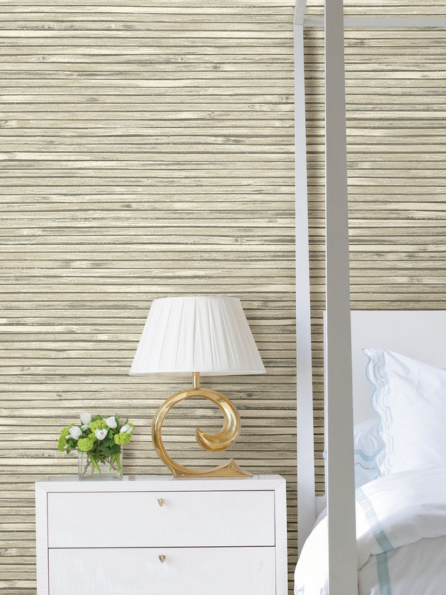Bellport Ivory Wooden Slat Wallpaper with Coastal Wood Look Motif - Brewster 2927-81305