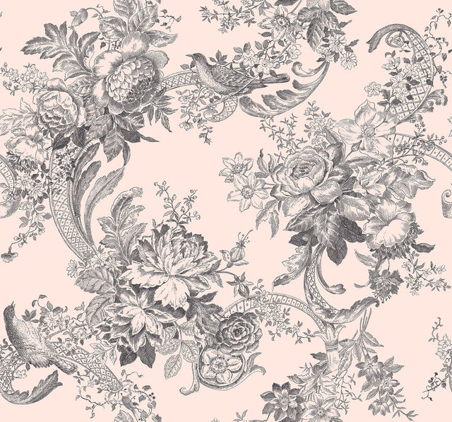 Carmel Blush Baroque Florals Wallpaper with Old-World Floral and Bird Motif - A-Street Prints 2927-81601