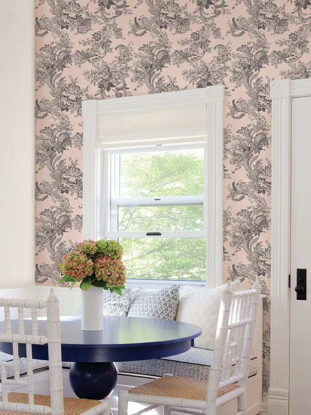 Carmel Blush Baroque Florals Wallpaper with Old-World Floral and Bird Motif - A-Street Prints 2927-81601