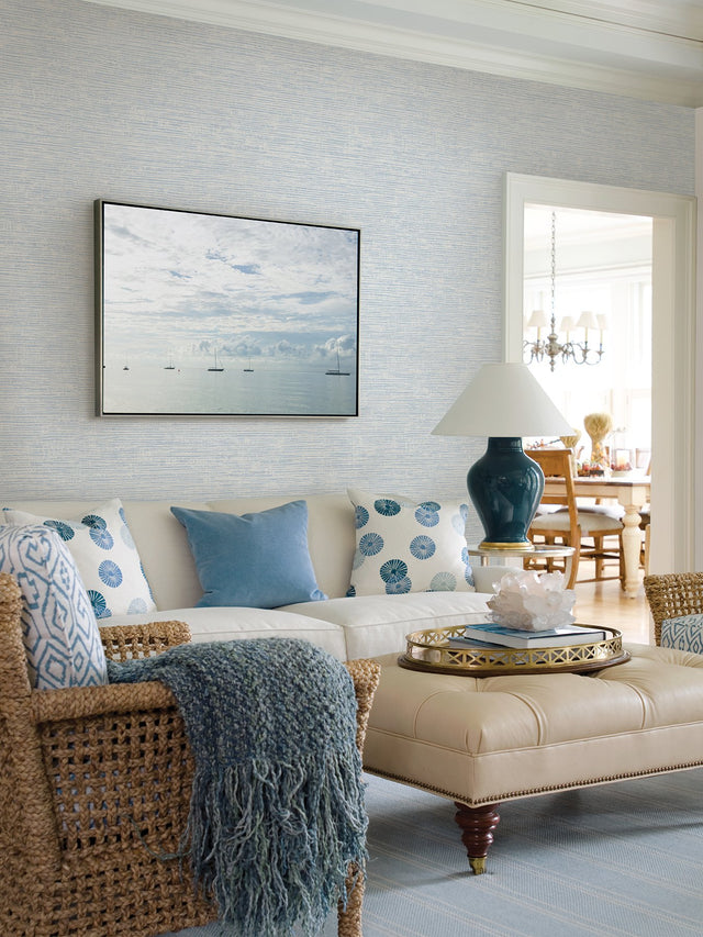 Tiverton Sky Blue Faux Grasscloth Wallpaper with Coastal Graphics Style - A-Street Prints 2927-81702