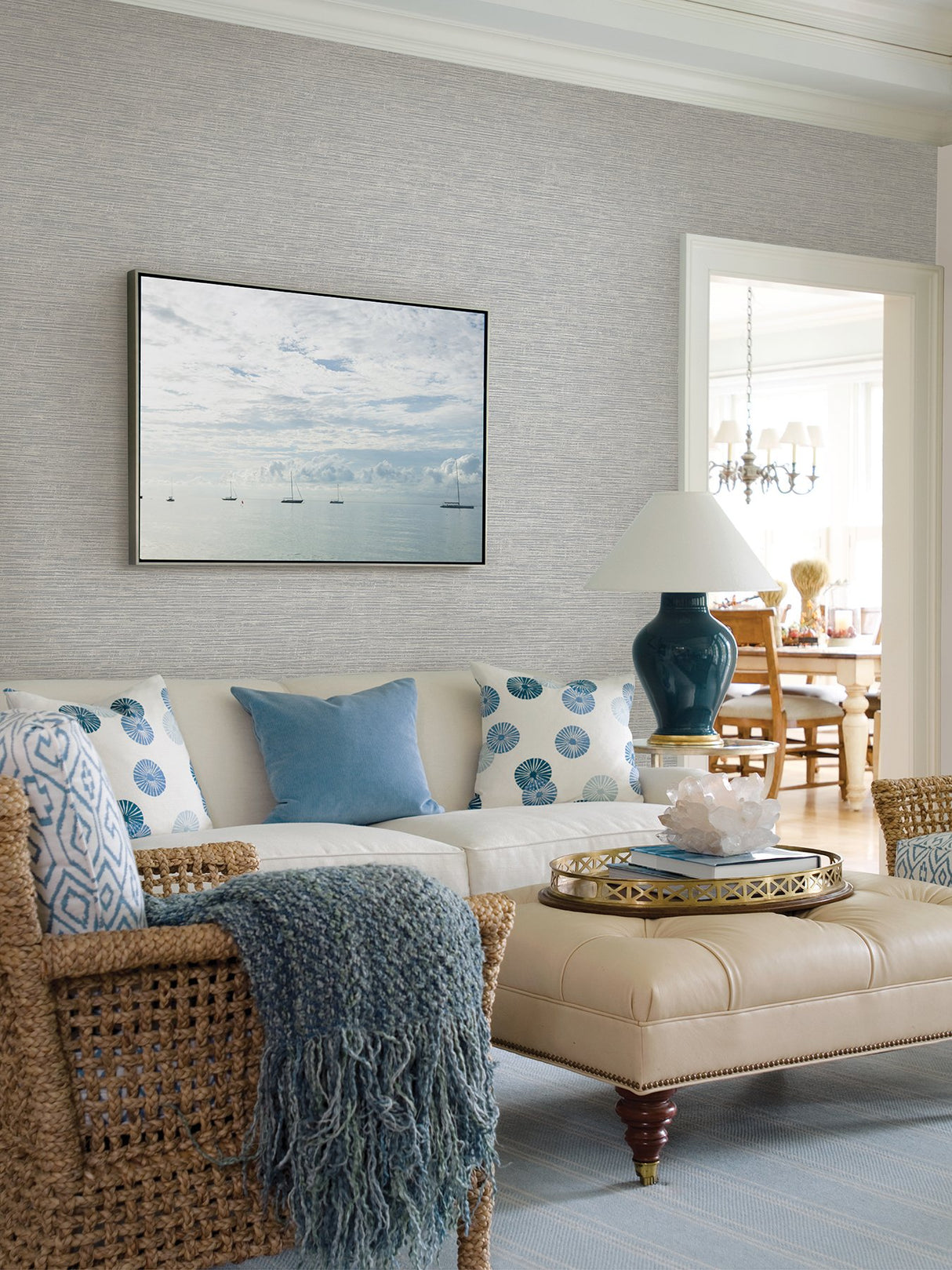 Tiverton Grey Faux Grasscloth Wallpaper with Coastal Graphics, Unpasted Acrylic Coated - Brewster 2927-81708
