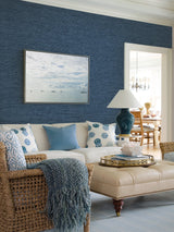 Tiverton Indigo Faux Grasscloth Blue Wallpaper with Coastal Graphic Motif - A-Street Prints 2927-81712