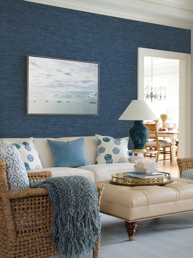 Tiverton Indigo Faux Grasscloth Blue Wallpaper with Coastal Graphic Motif - A-Street Prints 2927-81712