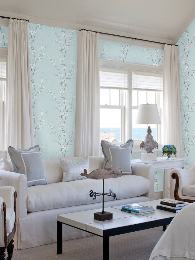 Monterey Sky Blue Floral Branch Wallpaper with Coastal Botanical Flowers - A-Street Prints 2927-81802