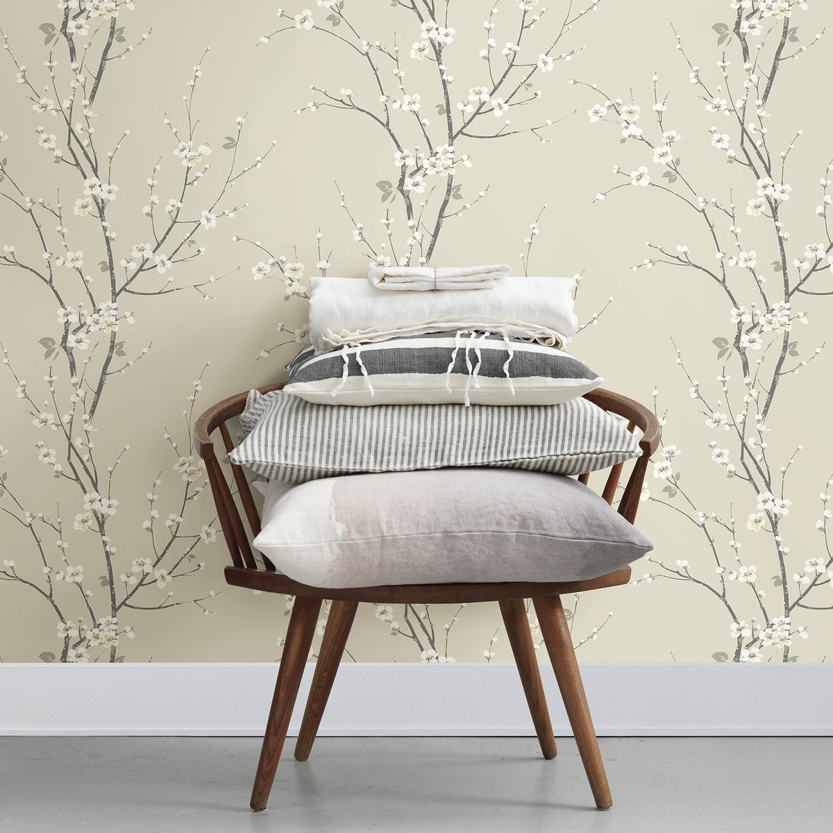 Monterey Ivory Floral Branch Wallpaper with Coastal Botanical Flowers ...