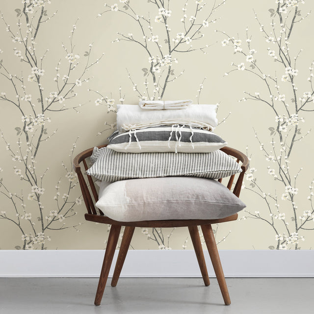 Monterey Ivory Floral Branch Wallpaper with Coastal Botanical Flowers Pattern - Brewster 2927-81805