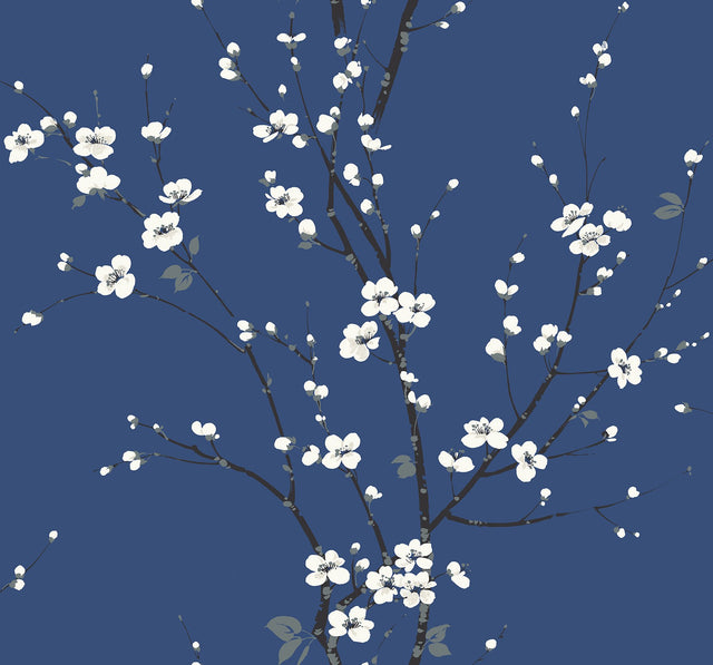 Monterey Cobalt Floral Branch Wallpaper with Coastal Botanical Style - A-Street Prints 2927-81812