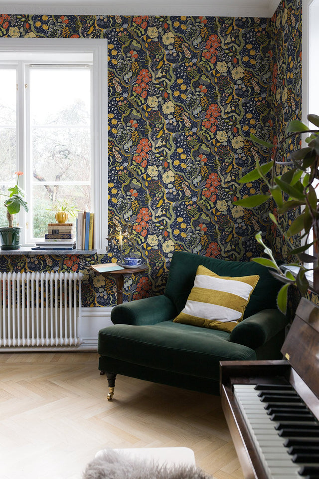 Ann Blue Floral Vines Wallpaper with Scandinavian Botanical Pattern - Brewster 2932-65101
