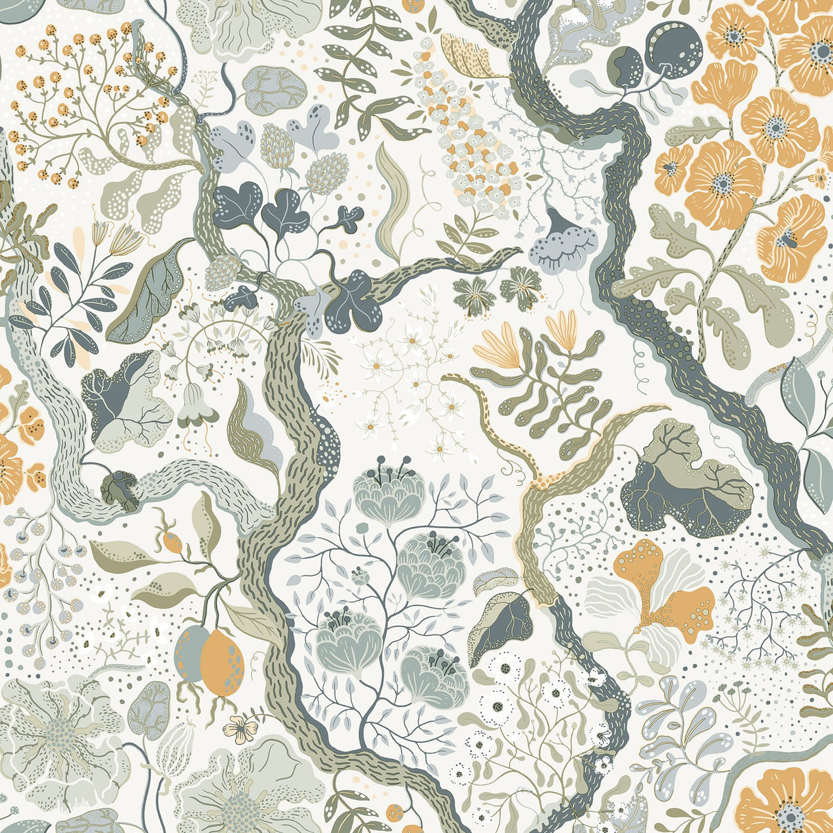 Ann Turquoise Floral Vines Wallpaper with Scandinavian Botanical Pattern - Brewster 2932-65103