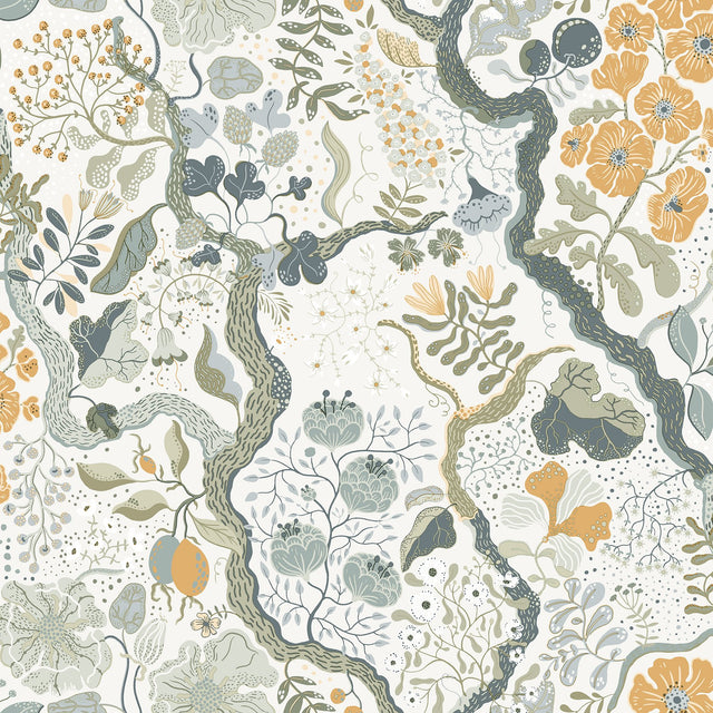Ann Turquoise Floral Vines Wallpaper with Scandinavian Botanical Pattern - Brewster 2932-65103