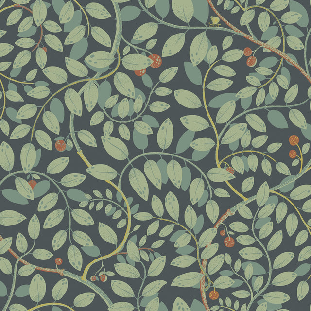 Kirke Turquoise Leafy Vines Wallpaper with Botanical Fruit Motif, Scandinavian Style - A-Street Prints 2932-65105