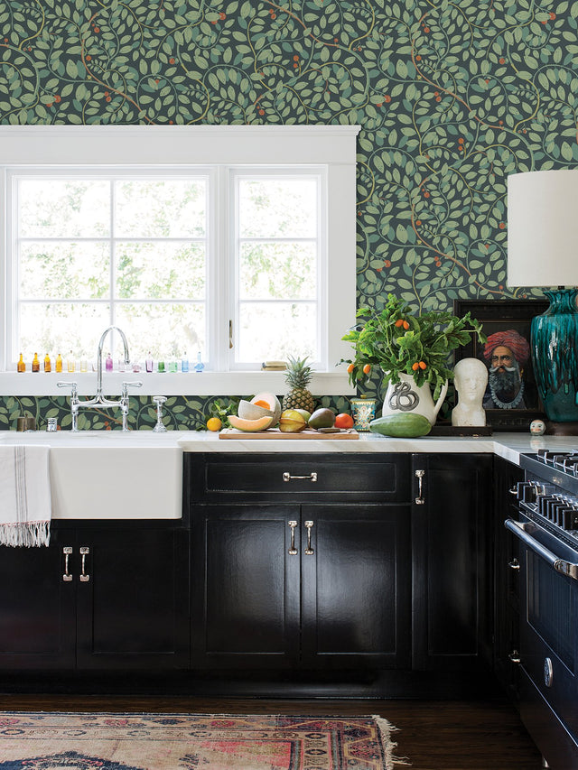 Kirke Turquoise Leafy Vines Wallpaper with Botanical Fruit Motif, Scandinavian Style - A-Street Prints 2932-65105