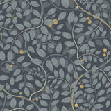 Kirke Blue Leafy Vines Wallpaper with Botanical Fruit Motif, Scandinavian Style - Brewster 2932-65106
