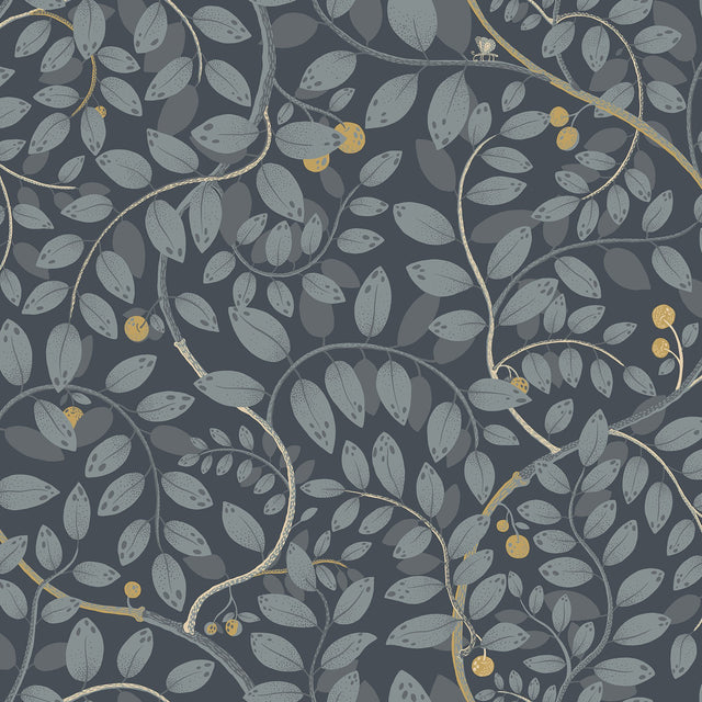 Kirke Blue Leafy Vines Wallpaper with Botanical Fruit Motif, Scandinavian Style - Brewster 2932-65106