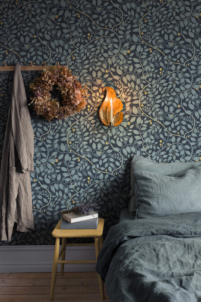 Kirke Blue Leafy Vines Wallpaper with Botanical Fruit Motif, Scandinavian Style - Brewster 2932-65106