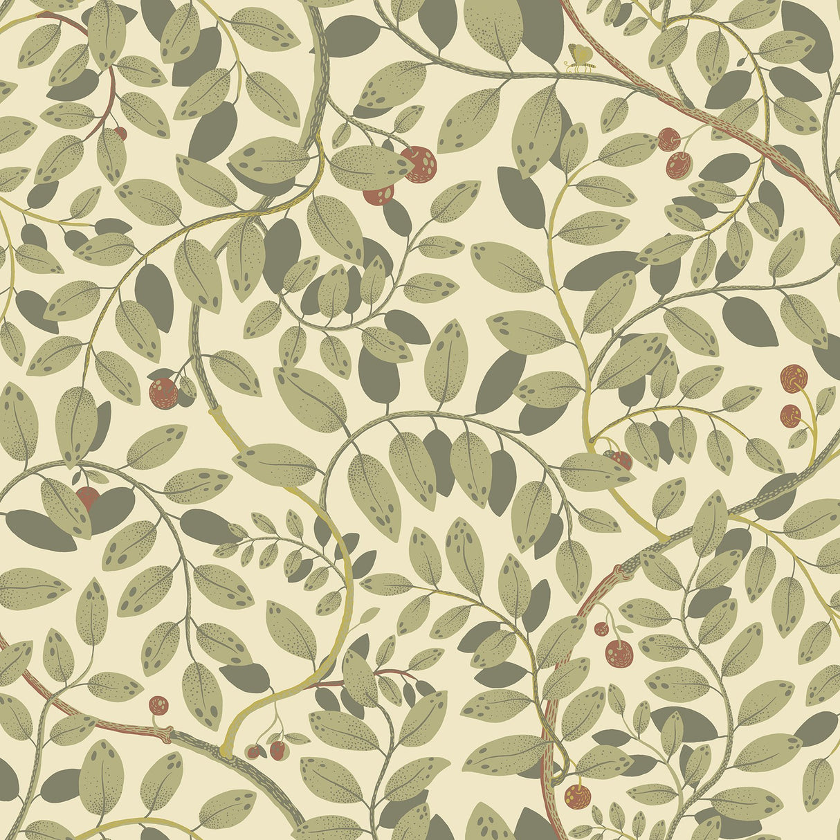 Kirke Green Leafy Vines Green Wallpaper with Botanical Fruit Motif, Scandinavian Non Woven - A-Street Prints 2932-65107