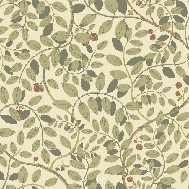 Kirke Green Leafy Vines Green Wallpaper with Botanical Fruit Motif, Scandinavian Non Woven - A-Street Prints 2932-65107