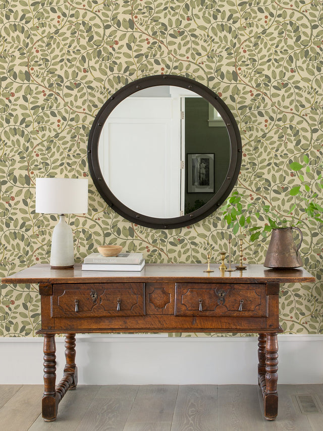 Kirke Green Leafy Vines Green Wallpaper with Botanical Fruit Motif, Scandinavian Non Woven - A-Street Prints 2932-65107