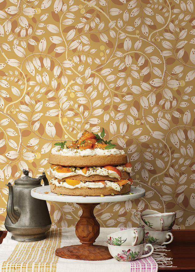 Kirke Yellow Leafy Vines Wallpaper with Scandinavian Botanical Fruit Motif - A-Street Prints 2932-65108