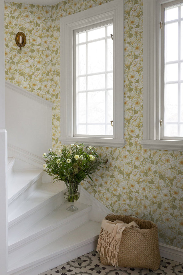 Matilda Green Poppy Fields Wallpaper with Scandinavian Botanical Floral Pattern - A-Street Prints 2932-65111