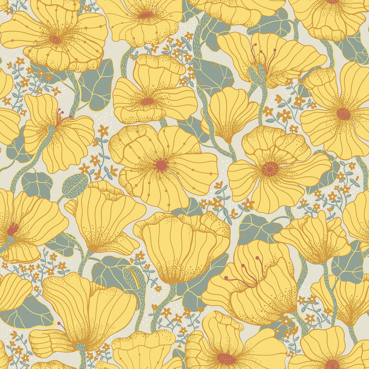 Matilda Yellow Poppy Fields Wallpaper with Botanical Floral Pattern, Scandinavian Style - Brewster 2932-65112